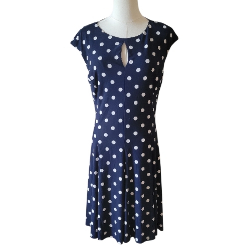 Lauren by RL Dark Blue Polka Dot Sleeveless Dress Size 6 - Picture 2 of 6